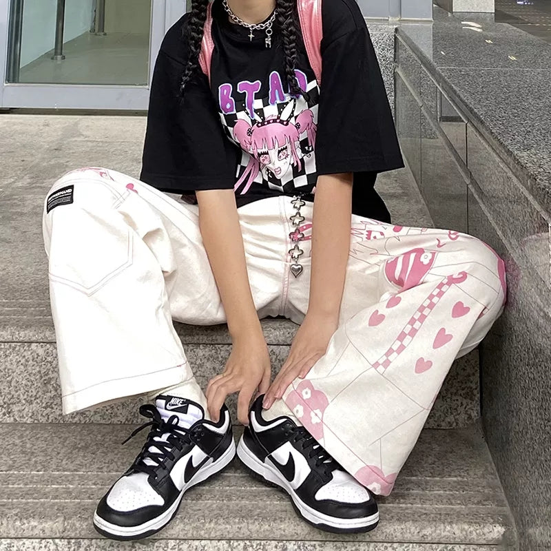 Anime Girl Print Wide Leg Pants