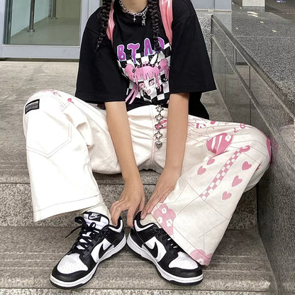 Anime Girl Print Wide Leg Pants