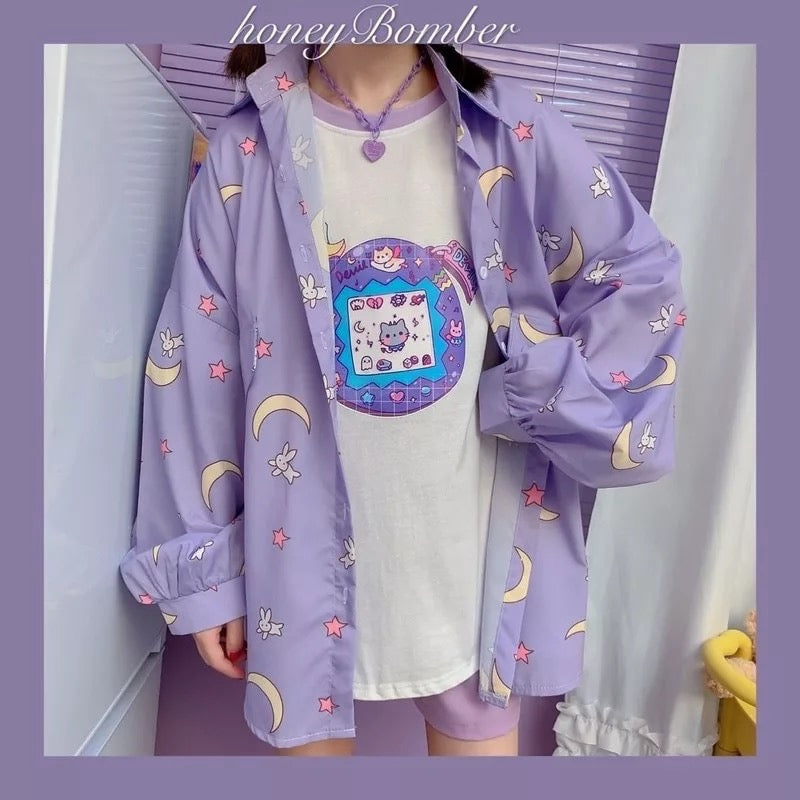 Pastel Purple Anime Star Moon Cartoon Blouse Oversized Long Sleeve Shirt Loose Button Autumn Winter E-Girl Kawaii Korean Japanese Harajuku Streetwear
