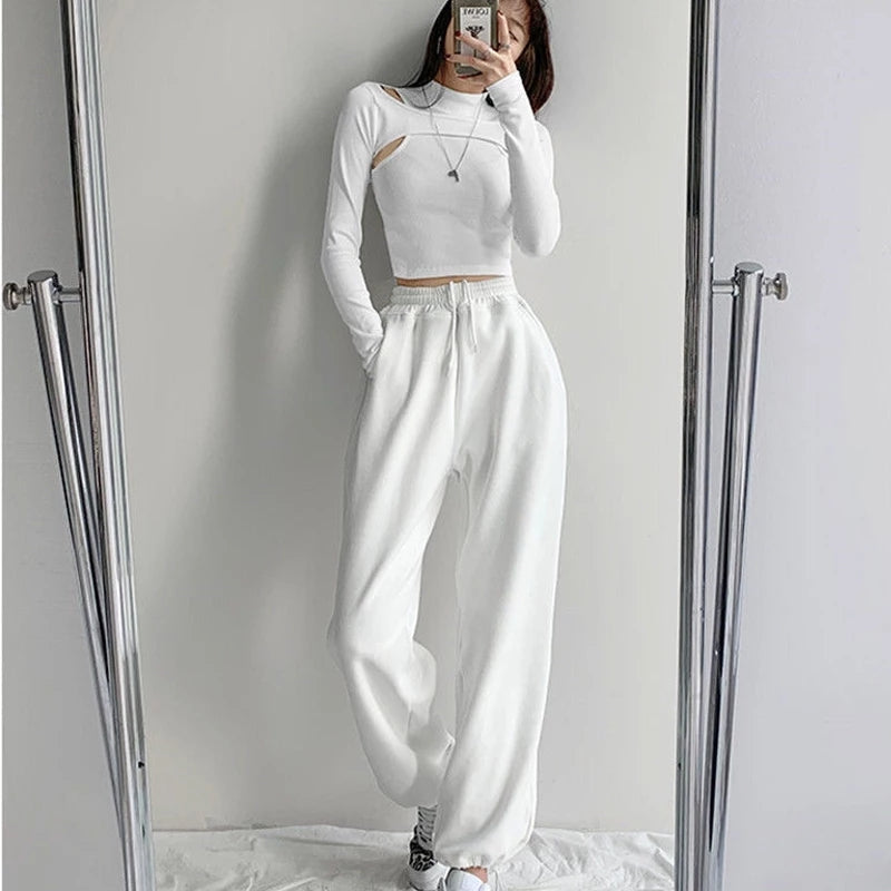 Cute 2pcs K-pop Black White Hollow Knit Long Sleeve Shirt Crop Top Fitness Streetwear Summer Aesthetic Casual E-Girl Kawaii Korean Japanese Harajuku