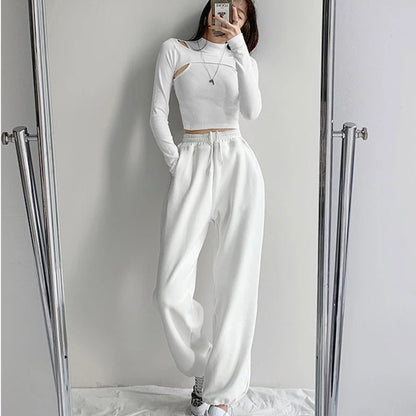 Cute 2pcs K-pop Black White Hollow Knit Long Sleeve Shirt Crop Top Fitness Streetwear Summer Aesthetic Casual E-Girl Kawaii Korean Japanese Harajuku