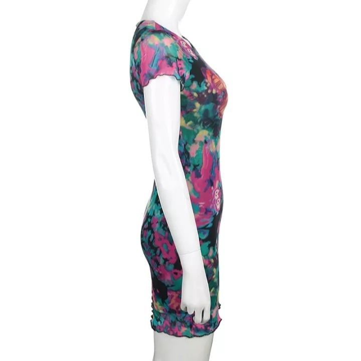 Cute Sexy Tie Dye Butterfly Print Mesh Transparent Short Sleeve Mini Dress Summer Aesthetic Casual E-Girl Kawaii Korean Japanese Harajuku
