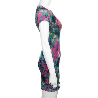 Cute Sexy Tie Dye Butterfly Print Mesh Transparent Short Sleeve Mini Dress Summer Aesthetic Casual E-Girl Kawaii Korean Japanese Harajuku
