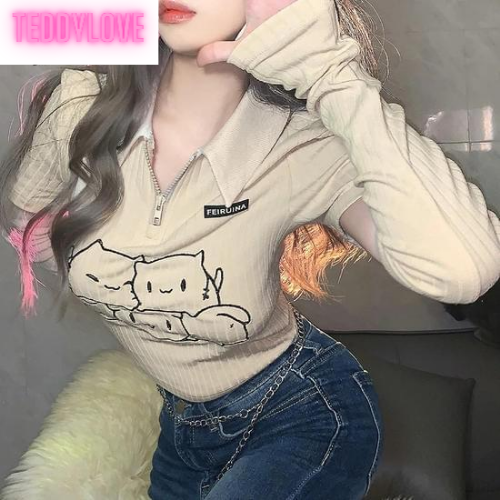 Cute Beige Cat Cartoon Embroidery Long Sleeve Detachable Shirt Crop Top Kpop Punk Summer Aesthetic Casual E-Girl Kawaii Korean Japanese Harajuku