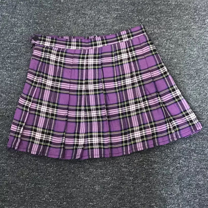 Purple Plaid Spring Summer High Waisted Pleated Skirt School Girl Skater Bottoms E-Girl Kawaii Korean Japanese Harajuku Streetwear