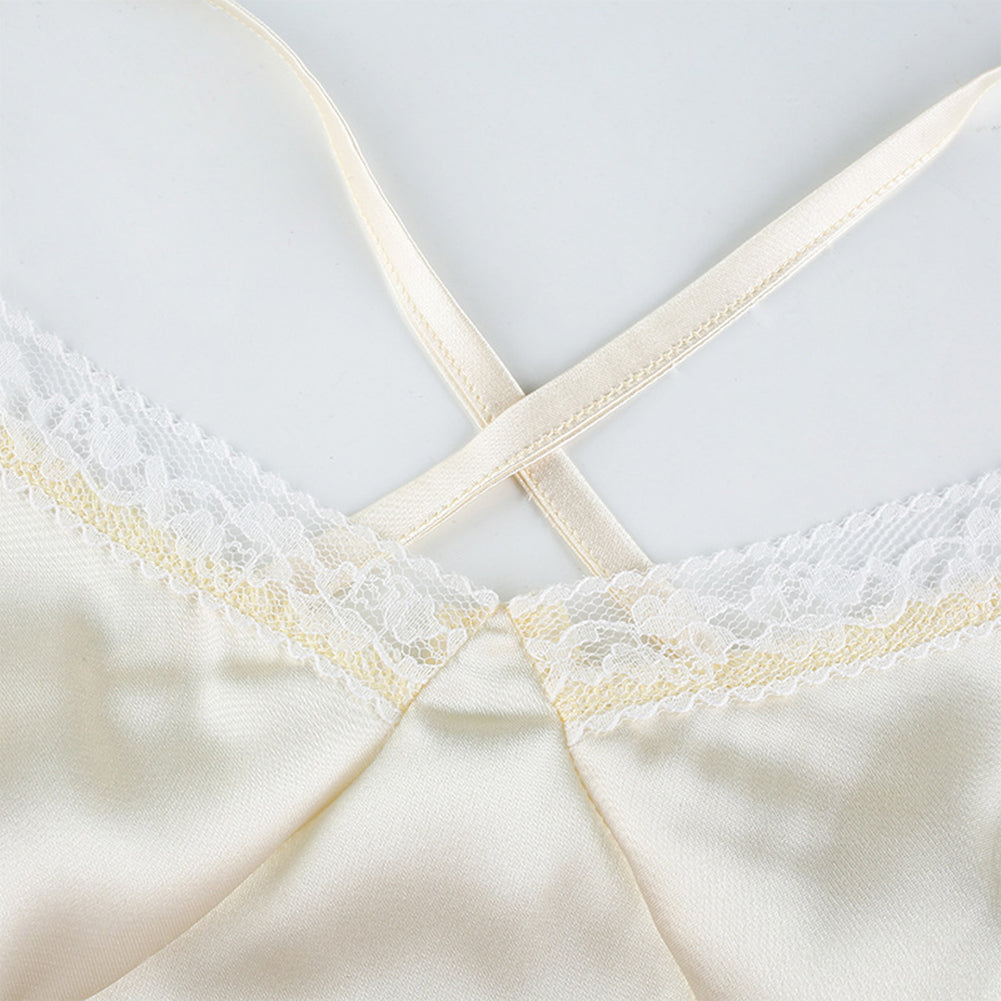 Sexy Bandage Lace Trim Sweet Satin V Neck Crop Top Camisole Spaghetti Strap Backless Shirt E-Girl Kawaii Korean Japanese Harajuku Streetwear