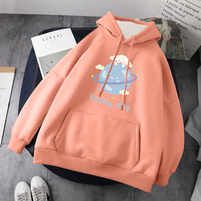 Cute Dog Poodle Earth Cartoon Print Oversized Loose Hoodie Sweater Sweatshirt Pullober Jumper Casual E-Girl Kawaii Korean Japanese Harajuku Streetwear