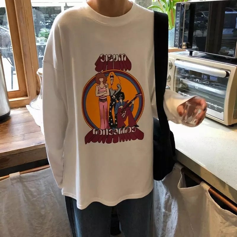 Cute White Music Band Cartoon Print Oversize Loose Long Sleeve Shirt Top T-shirt O Neck Casual E-Girl Kawaii Korean Japanese Harajuku Streetwear