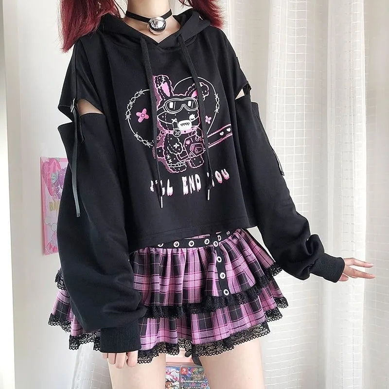 Rabbit Punk Print Hollow Out Hoodie