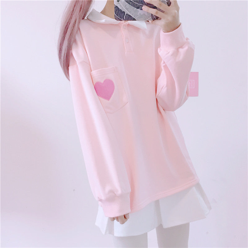 Cute Heart Embroidery Pocket Oversized Sweater Long Sleeve Shirt Pullover Hoodie Sweatshirt E-Girl Kawaii Korean Japanese Harajuku Retro Streetwear