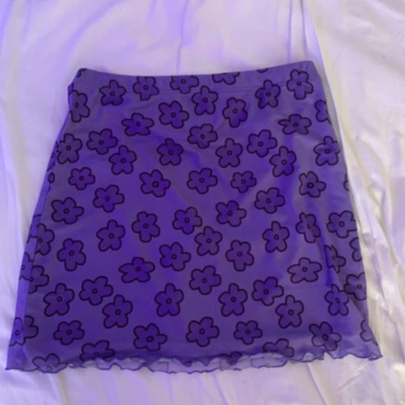 Cute Sexy 90s Boho Retro Vintage Green Flower Mesh Trim A-line Mini Skirt Bottoms Aesthetic E-Girl Kawaii Korean Japanese Harajuku Streetwear
