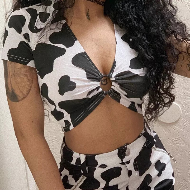 Cute Cow Print V Neck Short Sleeve Shirt Crop Top Summer Aesthetic Casual E-Girl Kawaii Korean Japanese Harajuku