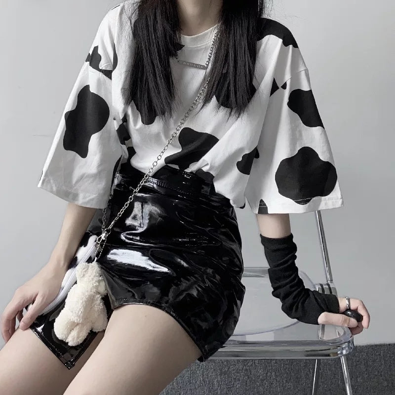 Cute Cow Anime Print Oversized Loose Short Sleeve T-shirt Punk Goth Aesthetic Casual Summer E-Girl Kawaii Korean Japanese Harajuku Streetwear