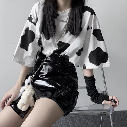 Cute Cow Anime Print Oversized Loose Short Sleeve T-shirt Punk Goth Aesthetic Casual Summer E-Girl Kawaii Korean Japanese Harajuku Streetwear
