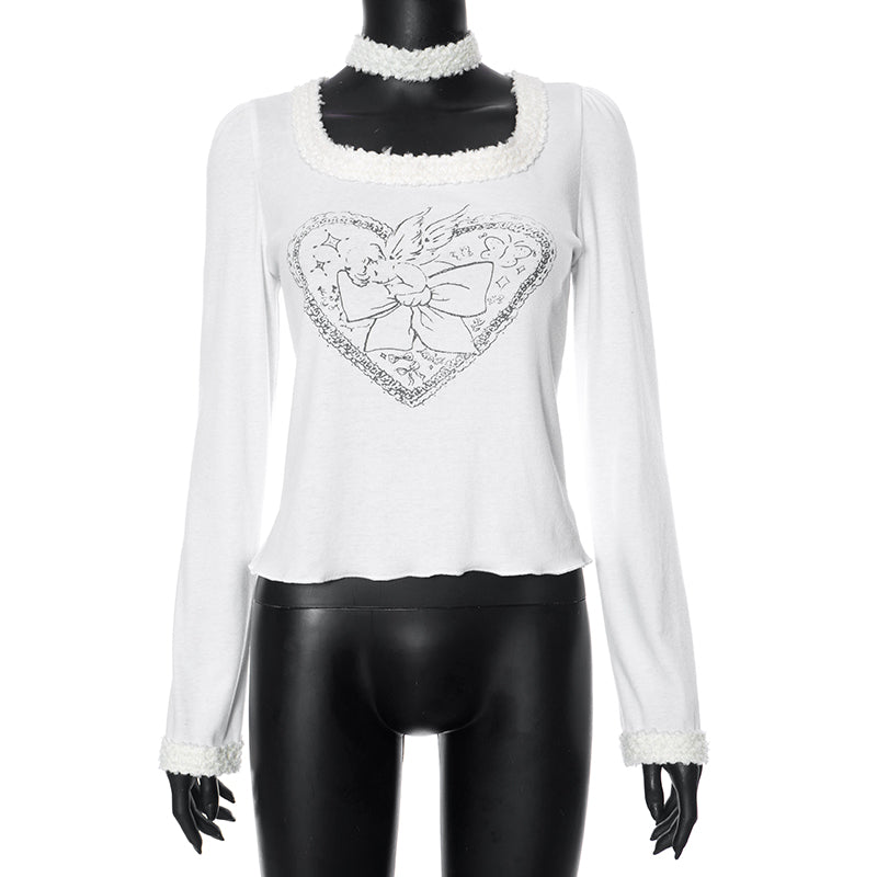 White Heart Fairy Print Long Sleeve Shirt