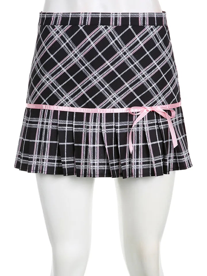 Pink Plaid Stripe Pleated High Waist Mini Skirt