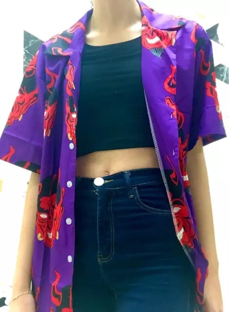 Summer Pink Purple Devil Print Button Down Casual Loose Short Sleeve Tee Shirt T-shirt Top E-Girl Kawaii Korean Japanese Harajuku Streetwear