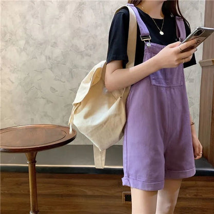 Purple Suspender Denim Overalls Shorts