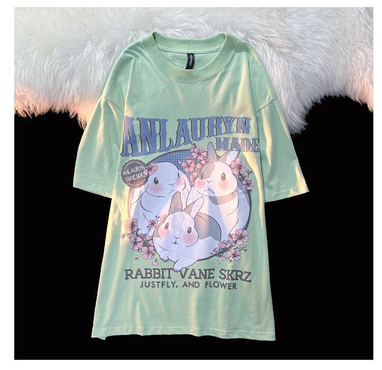 Rabbit Floral Print Short Sleeve T-shirt
