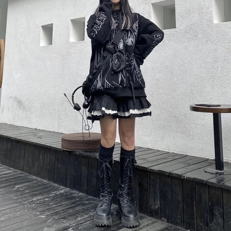 Cute Black Goth Anime Hoodie Grunge Loose Long Sleeve Shirt Aesthetic Casual E-Girl Kawaii Korean Japanese Harajuku