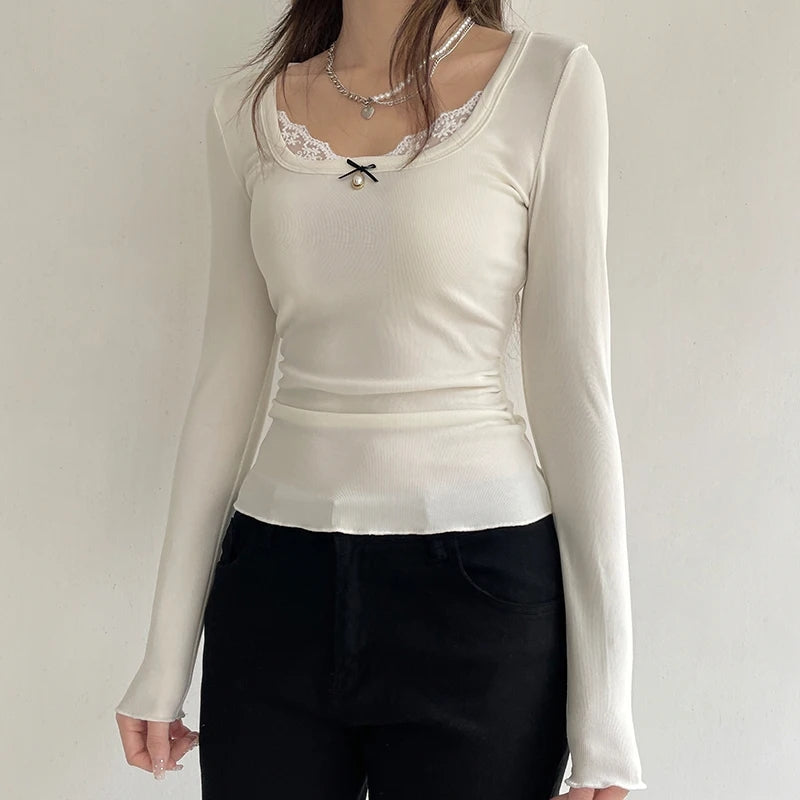 White Lace Bow Long Sleeve Crop Top