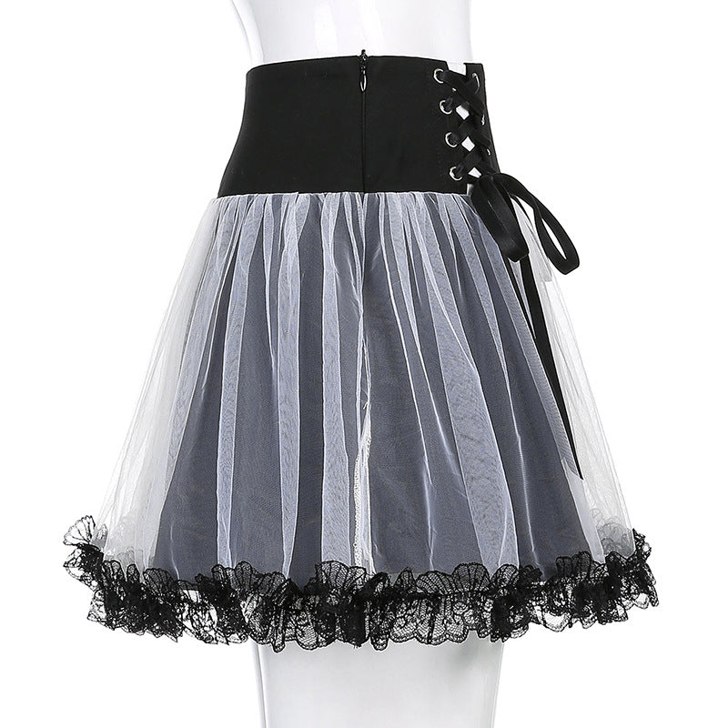 Sexy Goth Dark Punk Mesh A Line Skirt Lace Up Patchwork Ribbon Lace Trim High Waisted Summer Casual E-Girl Kawaii Korean Japanese Harajuku Streetwear
