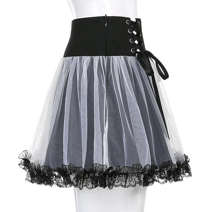 Sexy Goth Dark Punk Mesh A Line Skirt Lace Up Patchwork Ribbon Lace Trim High Waisted Summer Casual E-Girl Kawaii Korean Japanese Harajuku Streetwear