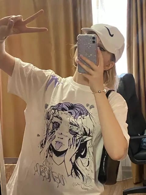 Cute White Elf Anime Girl Cartoon Print Short Sleeve T-shirt Top Oversize Loose Goth Punk Aesthetic E-Girl Kawaii Korean Japanese Harajuku Streetwear