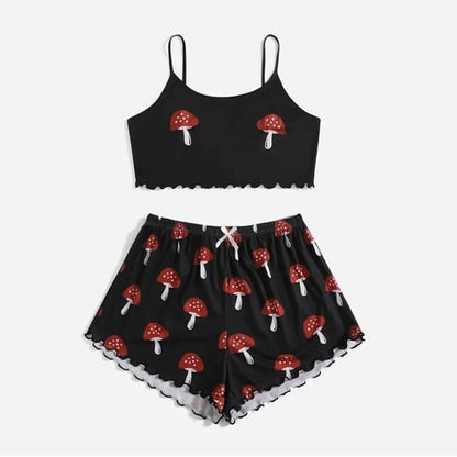 2PCS Mushroom Camisole + Shorts Pajama Set