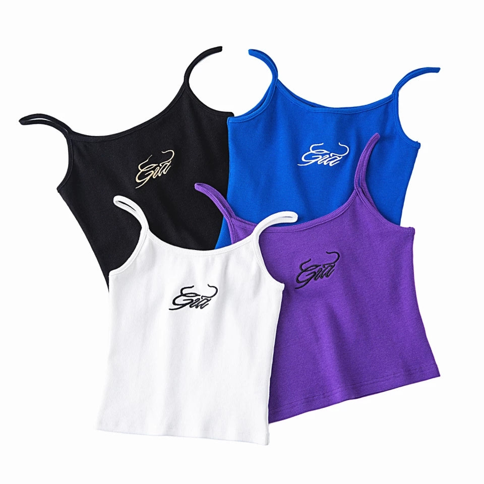 Cute Sexy Solid Letter Embroidery Ribbed Crop Top Tank Sleeveless Shirt Vest Aesthetic Casual Summer E-Girl Kawaii Korean Japanese Haraju