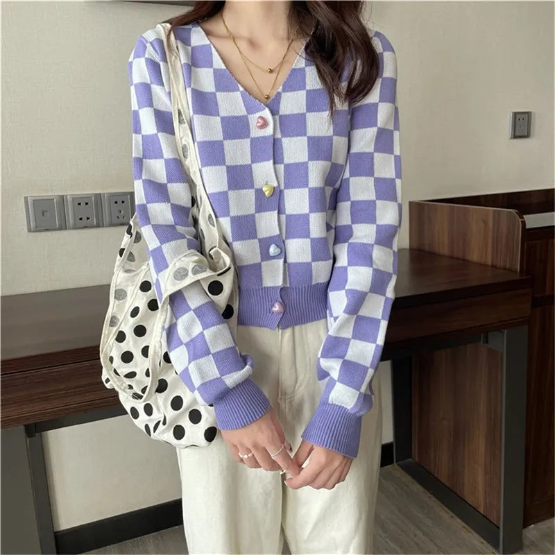Purple Color Block Heart Button V Neck Sweater