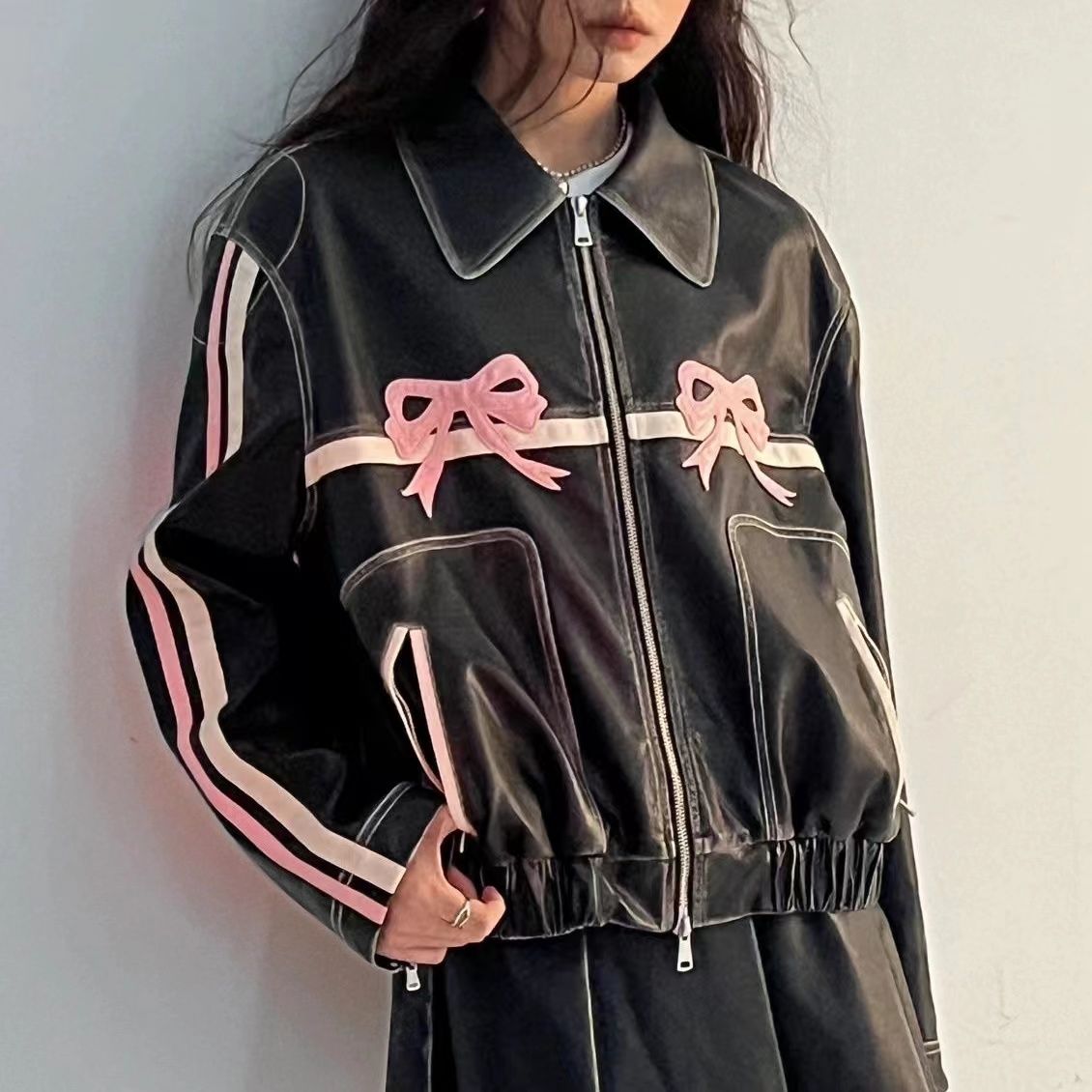 Bow Knot PU Leather Bomber Jacket