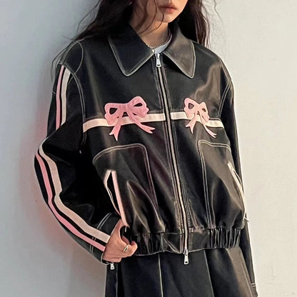 Bow Knot PU Leather Bomber Jacket