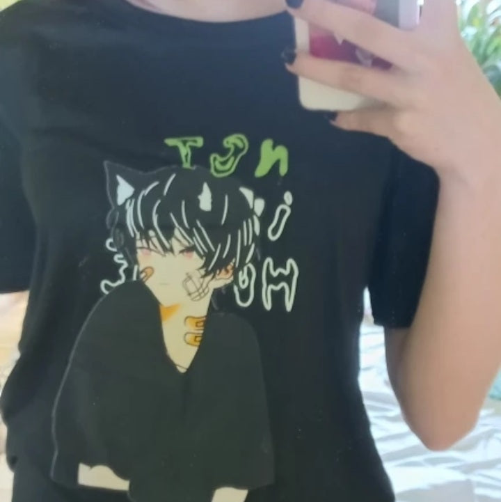 Cute Anime Boy Cat Ears Cartoon Graphic Print Oversize Short Sleeve Shirt Summer Aesthetic Casual E-Girl Kawaii Korean Japanese Harajuku