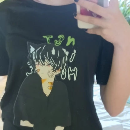 Cute Anime Boy Cat Ears Cartoon Graphic Print Oversize Short Sleeve Shirt Summer Aesthetic Casual E-Girl Kawaii Korean Japanese Harajuku