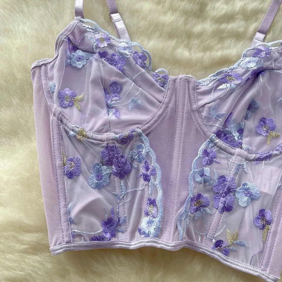 Purple Flower Embroidery Corset Top