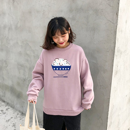 Dumpling Ramen Food Cartoon Print Loose Oversized Long Sleeve Sweatshirt Sweater Pullover Causal E-Girl Kawaii Korean Japanese Harajuku Streetwear