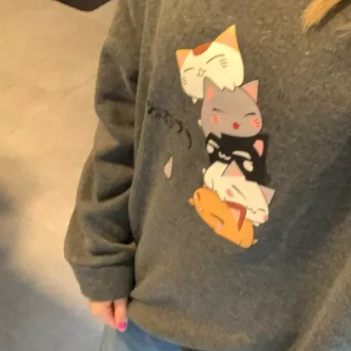 Cute Cat Print Oversized Sweatshirt Pullover Sweater Hoodie Aesthetic Casual E-Girl Kawaii Korean Japanese Harajuku