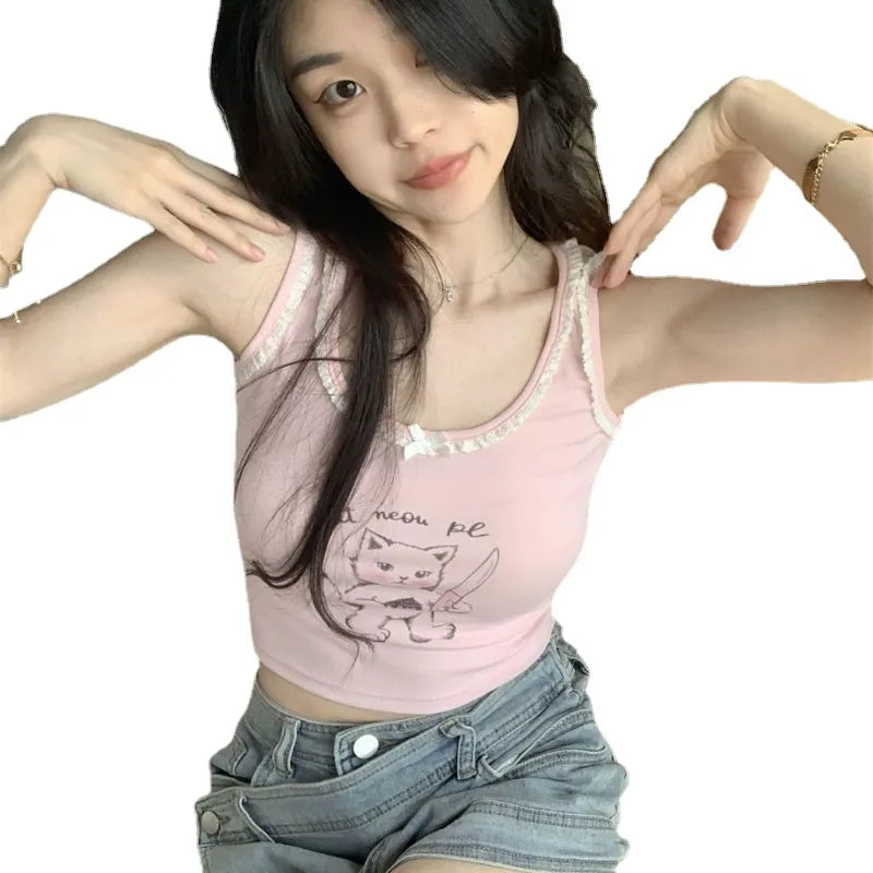 Pink Cat Lace Tank Top