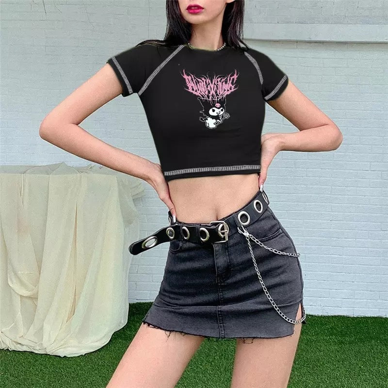 Black Japanese Anime Cartoon Print Crop Top Short Sleeve Shirt T-shirt