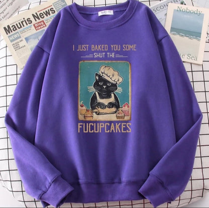 Cute Funny Cat Baking Cupcakes Cartoon Print Sweatshirt Pullover Hoodie Aesthetic Casual E-Girl Kawaii Korean Japanese Harajuku