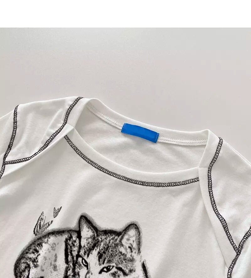 Cat Cartoon Graphic Print Short Sleeve Shirt Crop Top Summer Aesthetic Casual E-Girl Kawaii Korean Japanese Harajuku