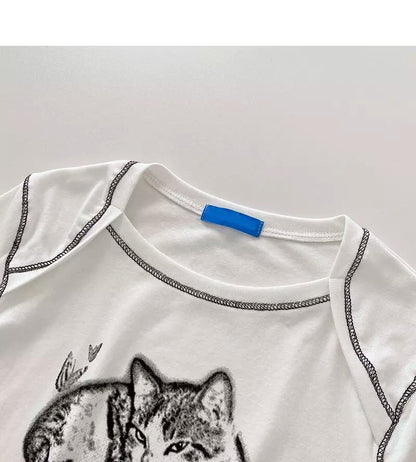 Cat Cartoon Graphic Print Short Sleeve Shirt Crop Top Summer Aesthetic Casual E-Girl Kawaii Korean Japanese Harajuku