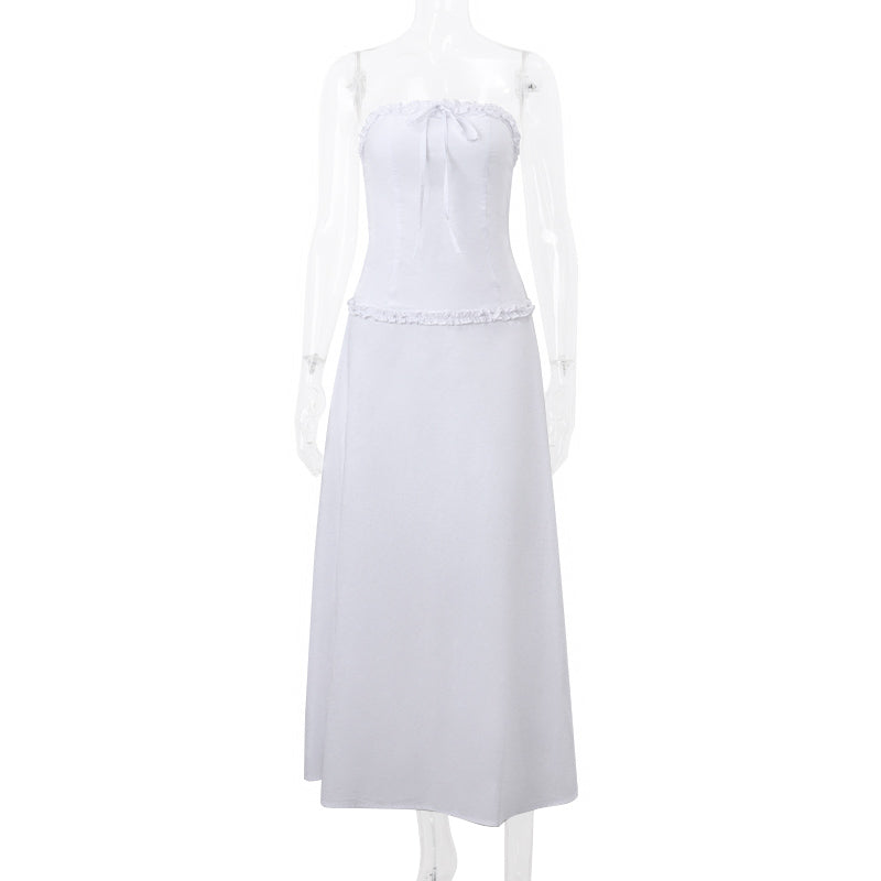 2PCS White Strapless Lace Ruffle Top + Long Skirt Set