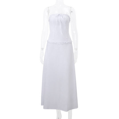 2PCS White Strapless Lace Ruffle Top + Long Skirt Set