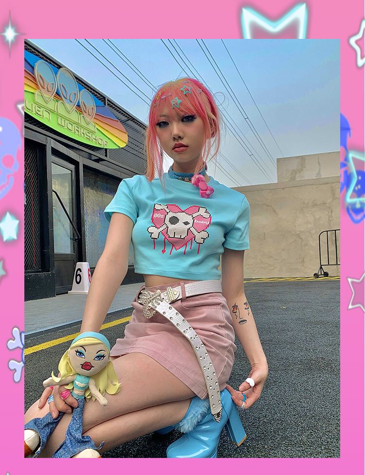 Cute Pink Love Heart Skull Print Short Sleeve T-shirt Crop Top Summer Casual Goth Punk E-Girl Kawaii Korean Japanese Harajuku Streetwear
