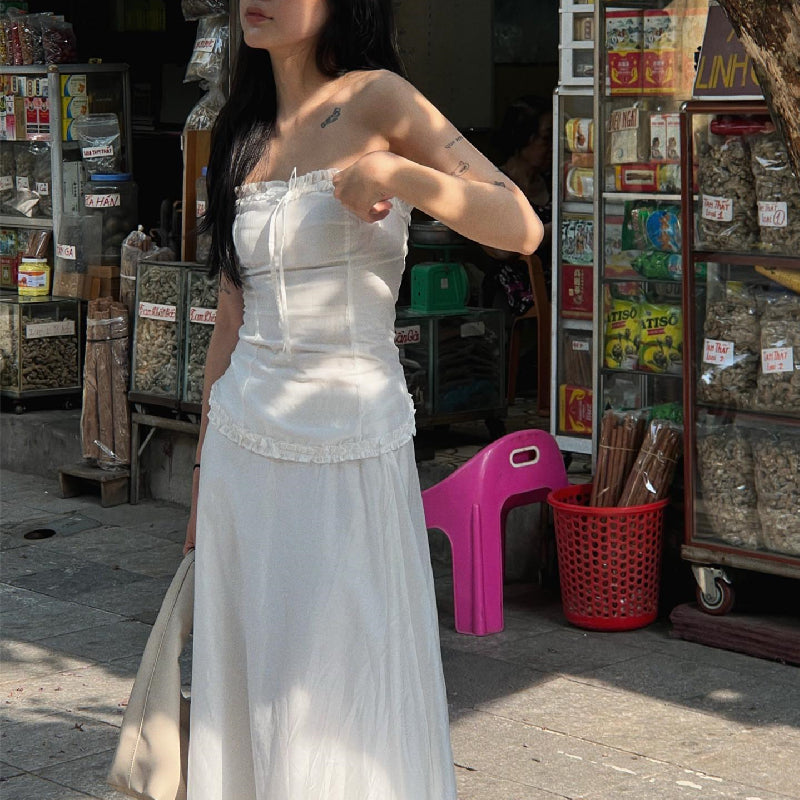 2PCS White Strapless Lace Ruffle Top + Long Skirt Set