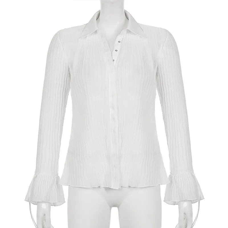 White Button Down Long Sleeve Flare Blouse