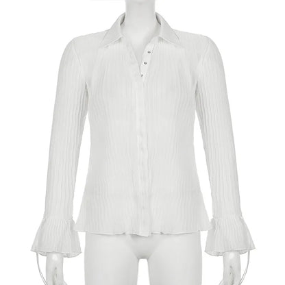 White Button Down Long Sleeve Flare Blouse