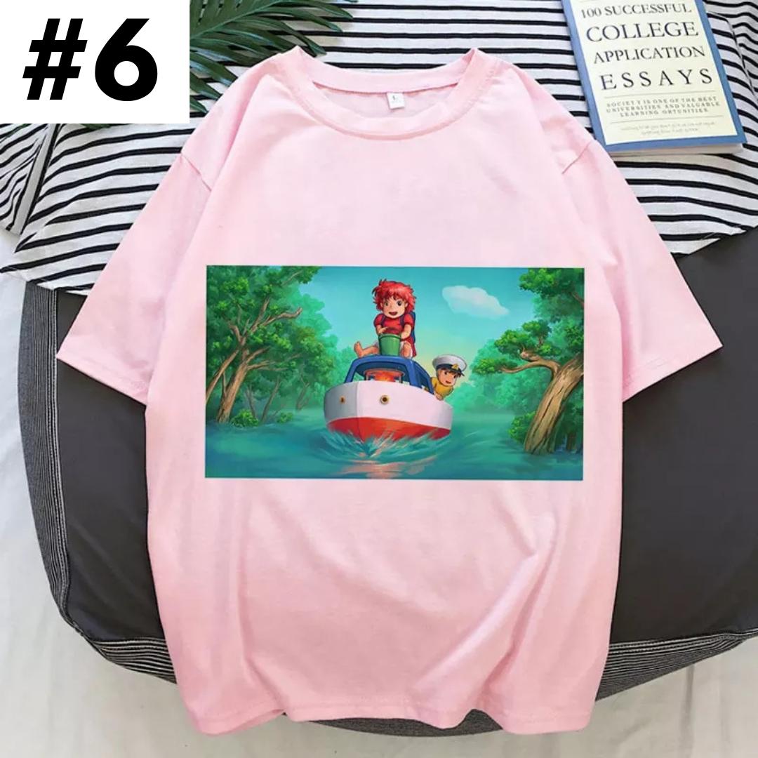 Cute Pink Ponyo Anime Cartoon Print Graphic Short Sleeve Shirt Top Summer Aesthetic Casual E-Girl Kawaii Korean Japanese Harajuku